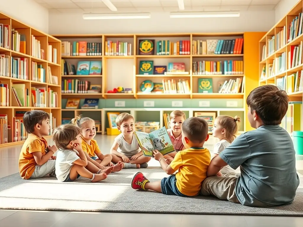 A vibrant image depicting children participating in a storytelling session at the library, surrounded by colorful books and engaging props.