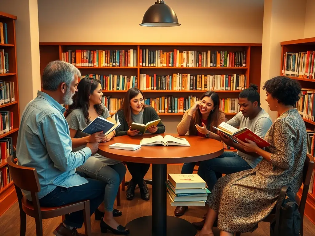 An image showing a community book club meeting, with participants discussing a book in a cozy and inviting setting.