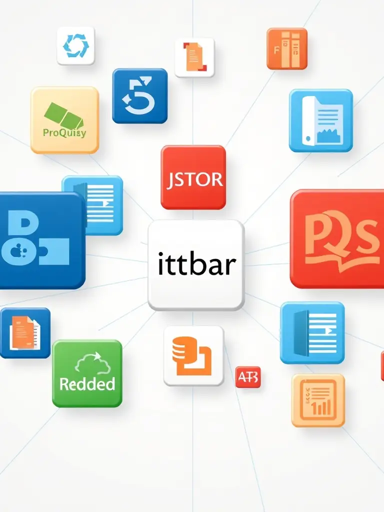 A graphic showcasing various database icons (e.g., JSTOR, ProQuest) connected by lines, representing the library's comprehensive database subscriptions.