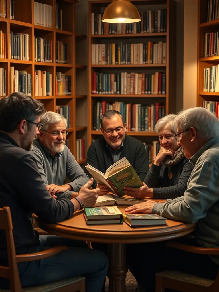 Adults attending a book club meeting at the library, discussing the latest read with enthusiasm and sharing their perspectives.