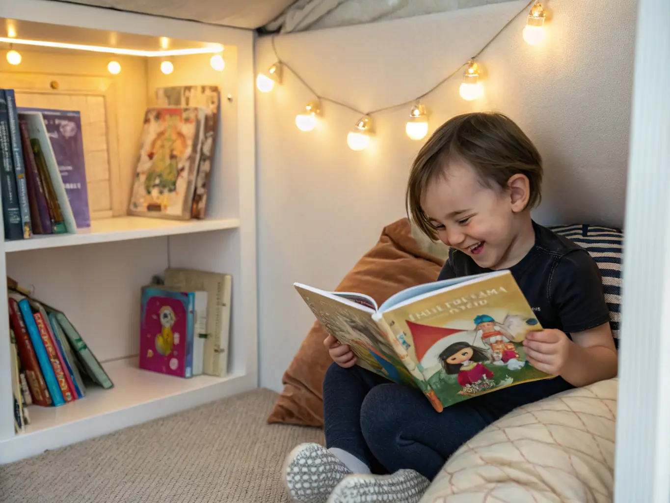 A child happily reading a book in a cozy corner of the library, surrounded by colorful cushions and engaging decorations, highlighting the library's commitment to fostering a love of reading from a young age.