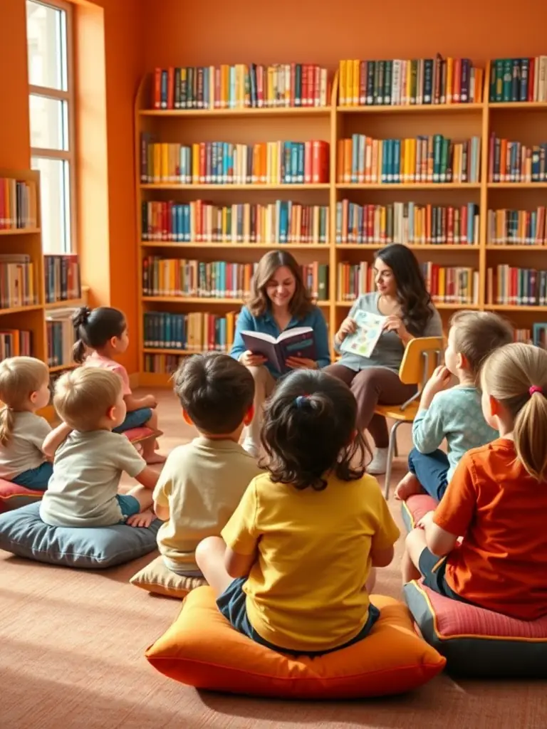 A group of children participating in a storytelling session at the library, with a librarian reading aloud from a colorful picture book.