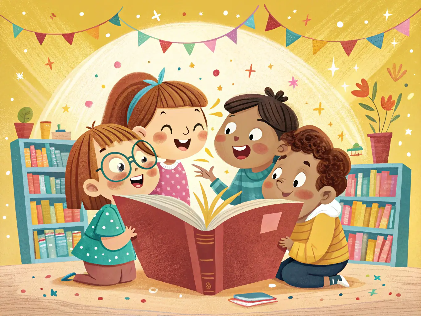 A vibrant photo of children participating in a storytelling session at the library, surrounded by colorful books and engaging props.