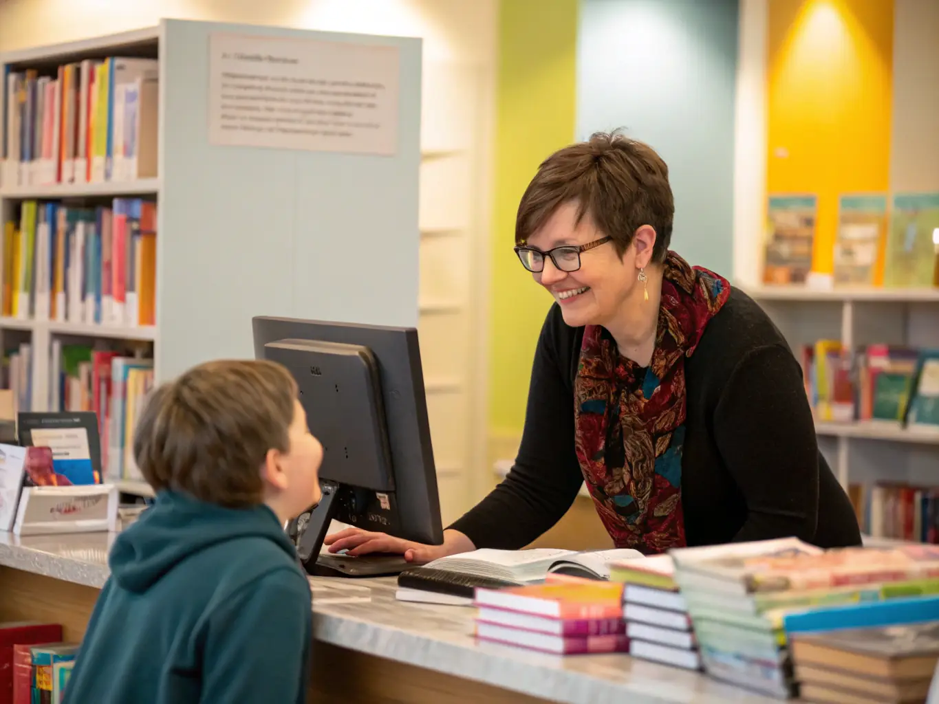 A librarian assisting a student with research, showcasing the personalized support and educational resources available at the library.