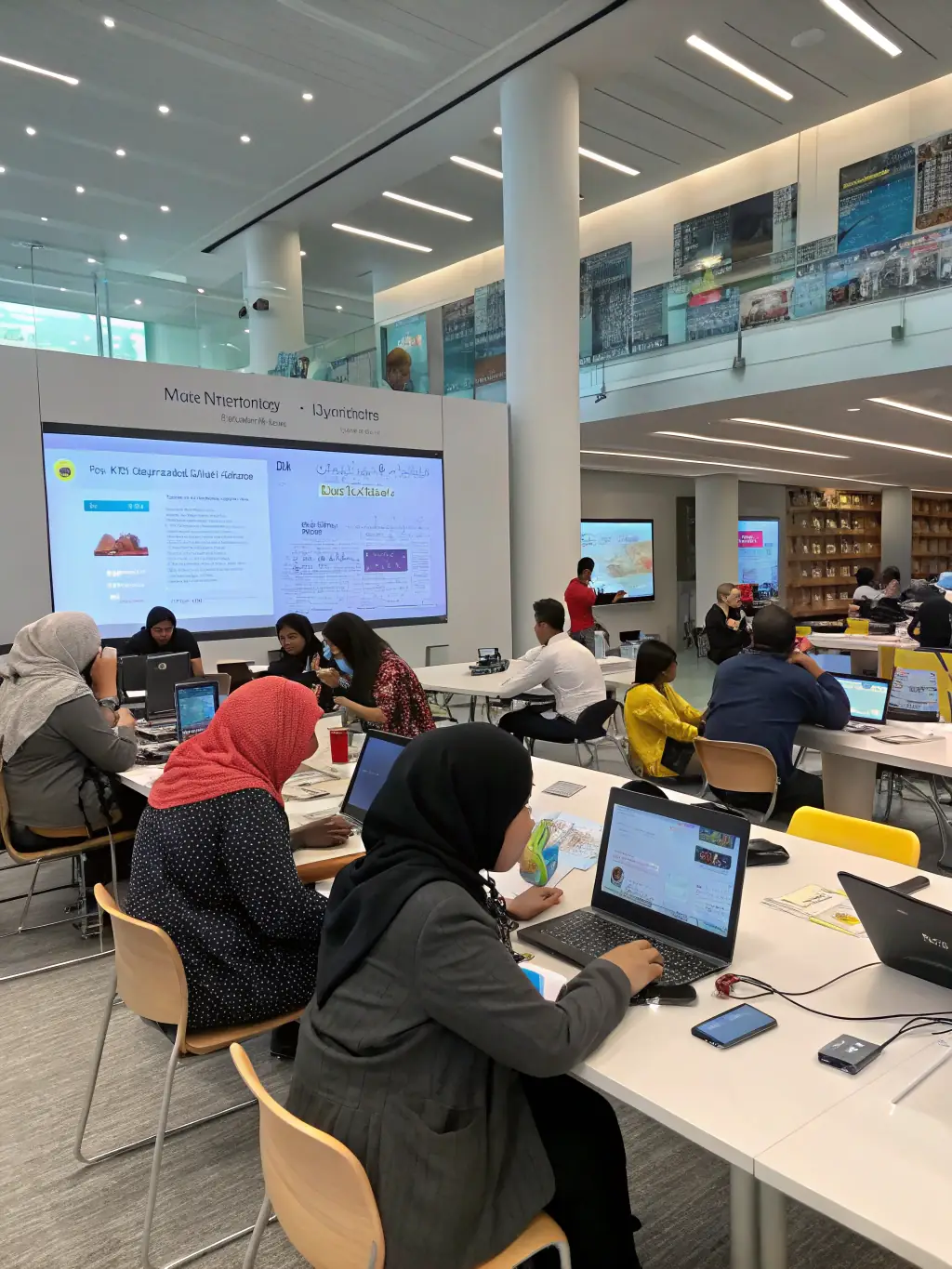Seniors participating in a digital literacy class at the library, learning how to use tablets and access online resources.