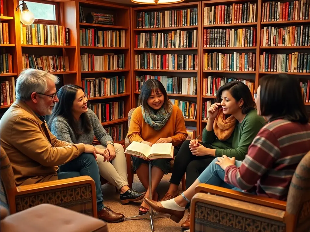 A diverse group of people participating in a book club discussion at the library, sharing their thoughts and insights on a recent read.