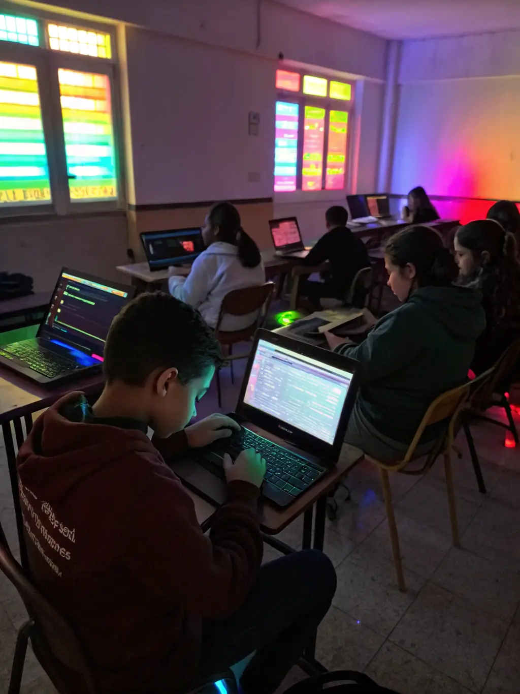 Teenagers working together on a coding project during a library-sponsored tech workshop, surrounded by laptops and learning materials.