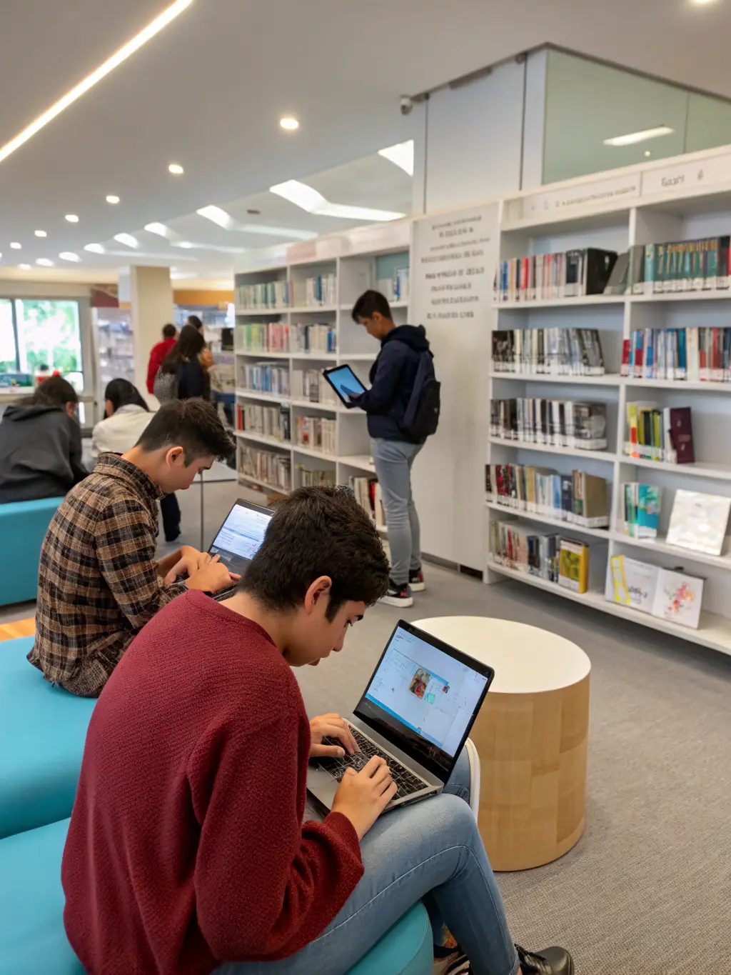 A digital illustration of an open e-book with glowing pages, surrounded by icons representing various digital devices and online platforms, symbolizing the library's e-book collection.