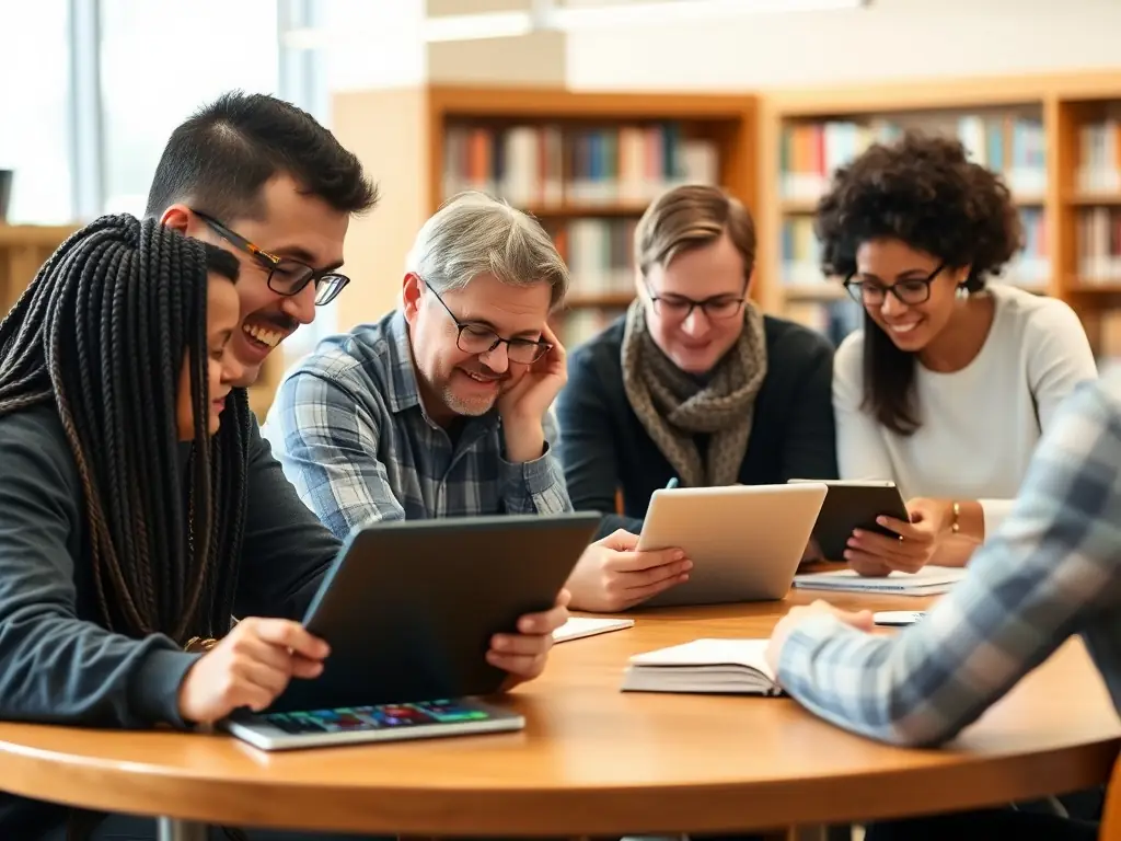 A group of adults attending a digital literacy workshop at the library, learning how to use computers and access online resources.