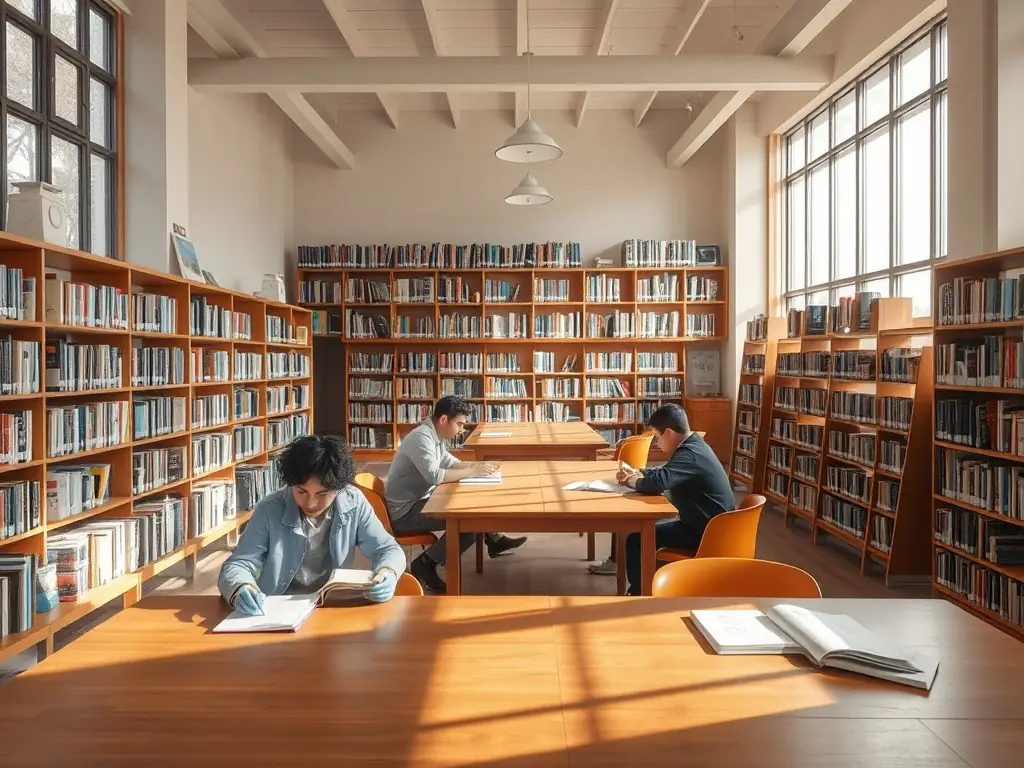 A diverse group of people of all ages are gathered in a brightly lit library, some reading books, others using computers, and some participating in a group discussion, illustrating the library's role as a community hub.
