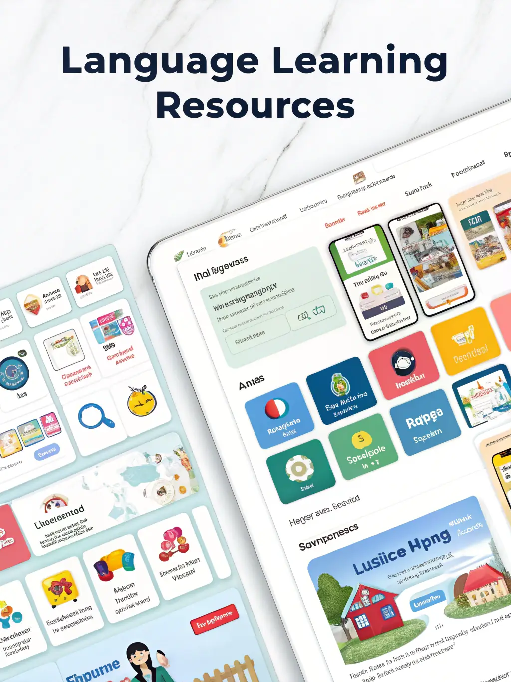 A collage of icons representing online learning platforms, language learning apps, and educational games, symbolizing the library's online learning resources.