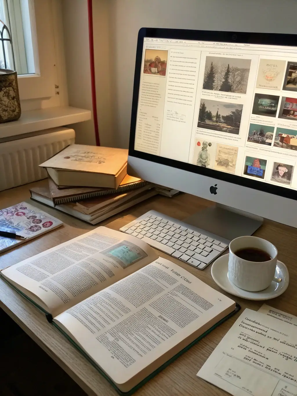 A stylized image of a digital archive interface, displaying historical documents and photographs, symbolizing the library's digital archives.
